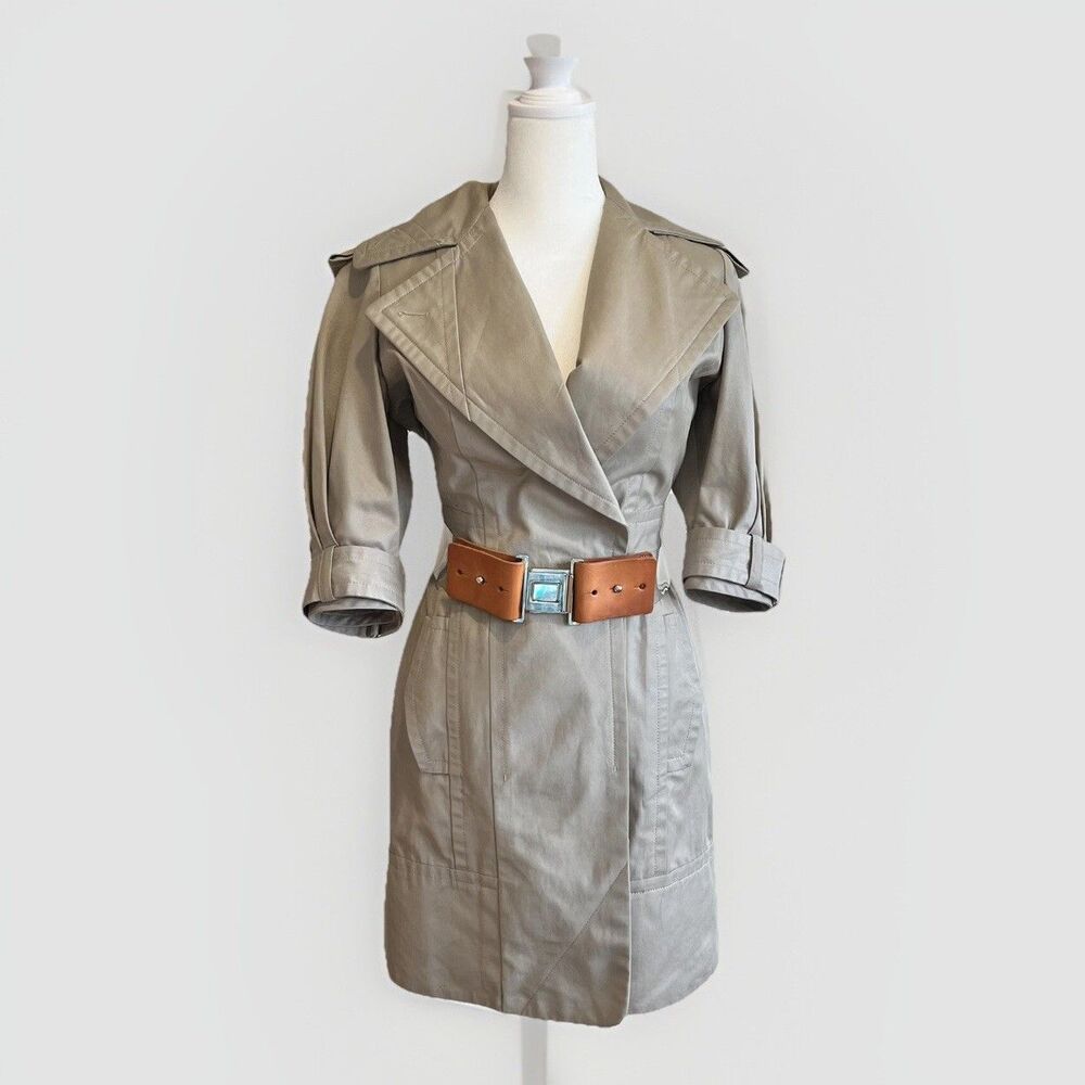 KAUFMANFRANCO Sz 38/2 Tan Khaki Coat Dress Trench Clear Belt